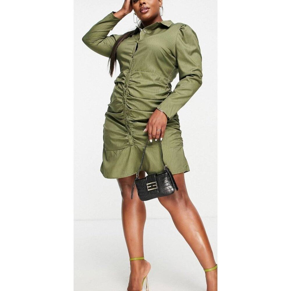 NWT Missguided Sexy Ruched Mini Dress Front Slit Stretchy Long Sleeve 14 Green